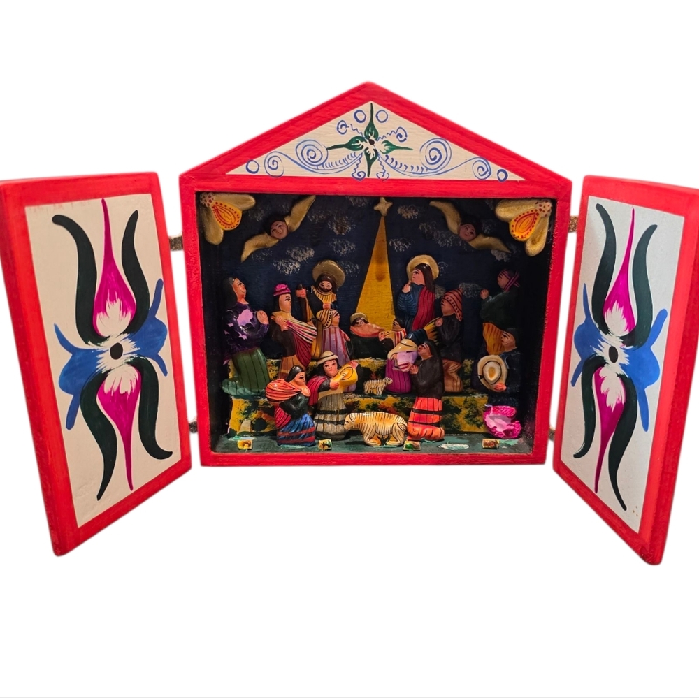 Vintage Peruvian Nativity Altarpiece: Diorama of Folk Art Nativity scene for